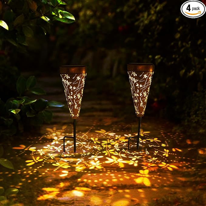 4 Pack Dragonfly Solar Garden Pathway Lights Outdoor,Metal Garden Decorations Outdoor Lights with Patterns and Warm Light,Waterproof Landscape Lighting for Path Patio Backyard Yard