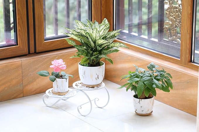 8 Inch Ceramic Plant pots (Set of 2), 8 Inch 7 Inch Modern Flower Planter, Gold Marble Gardening Pots with Drainage Hole and Saucer for Outdoor Indoor Yard Garden Home Office Decoration.