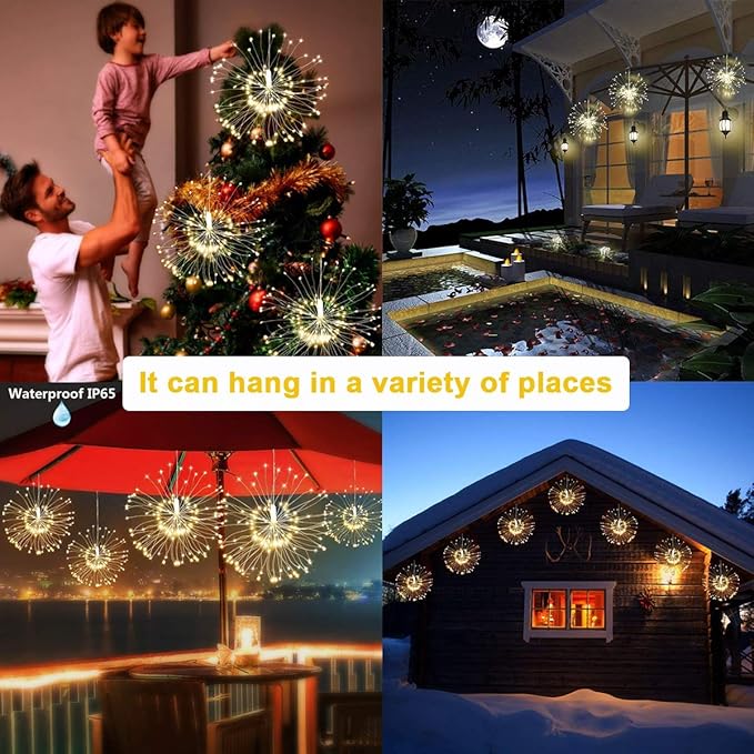 FOOING 4 Pack Firework Lights Led Copper Wire Star String Lights 8 Modes Battery Operated Fairy Lights with Remote,Wedding Decorative Hanging Lights for Party Patio Garden Decoration