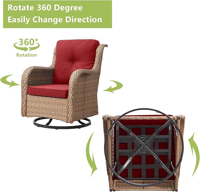 Outdoor Wicker Patio Furniture Set - 5 Pieces Rattan Patio Conversation Set with 2 Rocking Swivel Chairs,2 Ottomans and 1 Side Table for Porch Deck Backyard Garden(Yellow/Red)