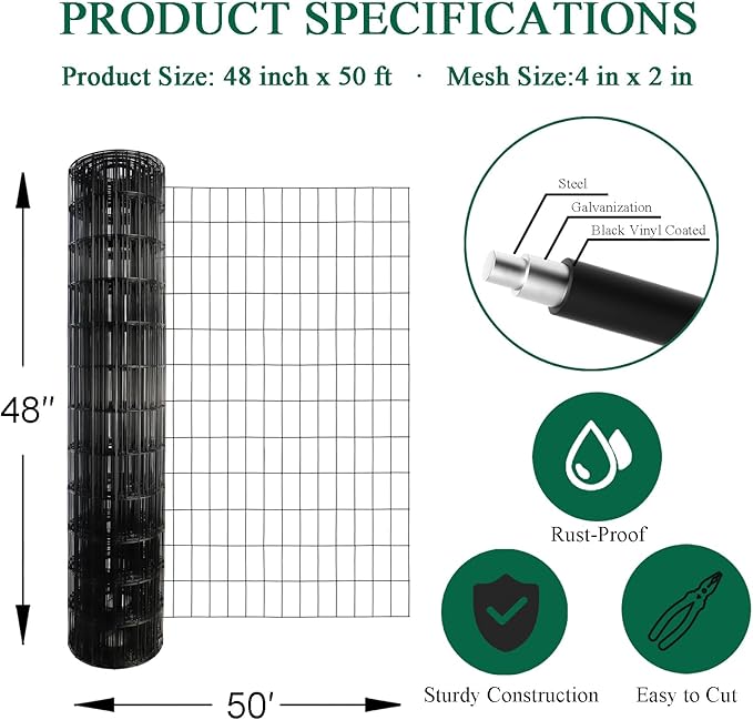 Black PVC Coated Welded Wire Fence 48 Inch x 50 Foot, 2 Inch x 4 Inch 14GA, Garden Border Fencing Roll Vinyl Coating Metal Wire Mesh Hardware Cloth for Yard Vegetable Plant Protection