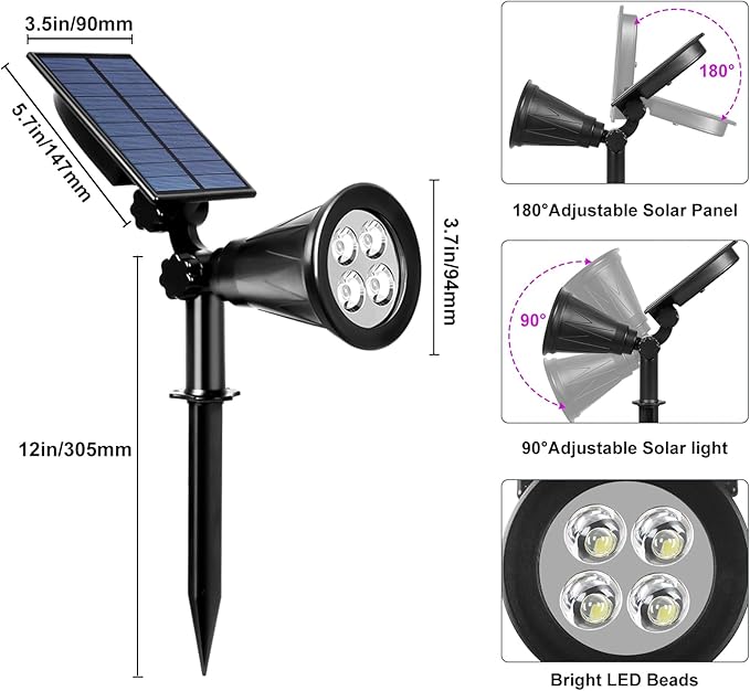 T-SUN Green Solar Spotlights, Green Solar Lights Outdoor, Auto-ON/Off 180°Angle Adjustable Solar Lights for Tree, Patio, Yard, Garden, Driveway, Pool Area (Green-2pack)