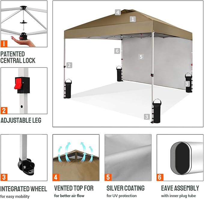 CROWN SHADES 10x10 Pop Up Canopy with 1 Side Wall - Beach Tent with One Push Setup - Outdoor Sun Shade for Events, Parties, Camping - Gazebo with STO-N-Go Cover Bag (Beige)