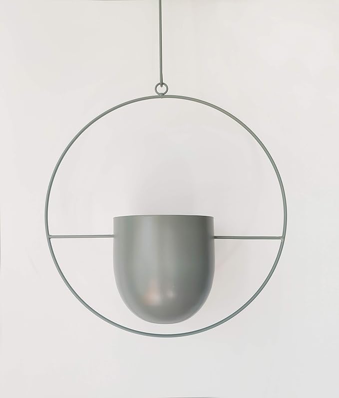 Boho Green Metal Plant Hanger,Metal Wall and Ceiling Hanging Planter, Modern Planter, Mid Century Flower Pot Plant Holder, Minimalist Planter for Indoor Outdoor Home Decor