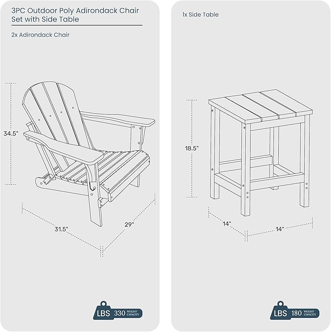WO Home Furniture Adirondack Chair Table Set of 2 PCS Outdoor Folding Chair w Side Table Weather/UV Resistant for Lawn, Garden, Bon Fire, Balcony (Weathered Wood)