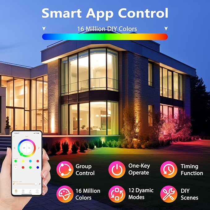 Spotlight Outdoor Control with Smart APP, 2 Pack 15W RGBW Landscape Lighting, Dimmable Color Changing IP67 Waterproof Spot Light Warm Flood Light for House Pathway Garden Yard Tree
