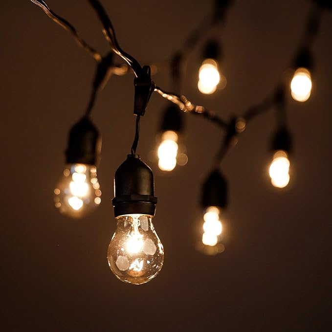 Hometown Evolution, Inc. 100 Foot E26 Outdoor Commercial String Lights with Suspended Socket for Weatherproof Heavy Duty Vintage Outside Lighting - Set of 50 A15 Clear Bulbs