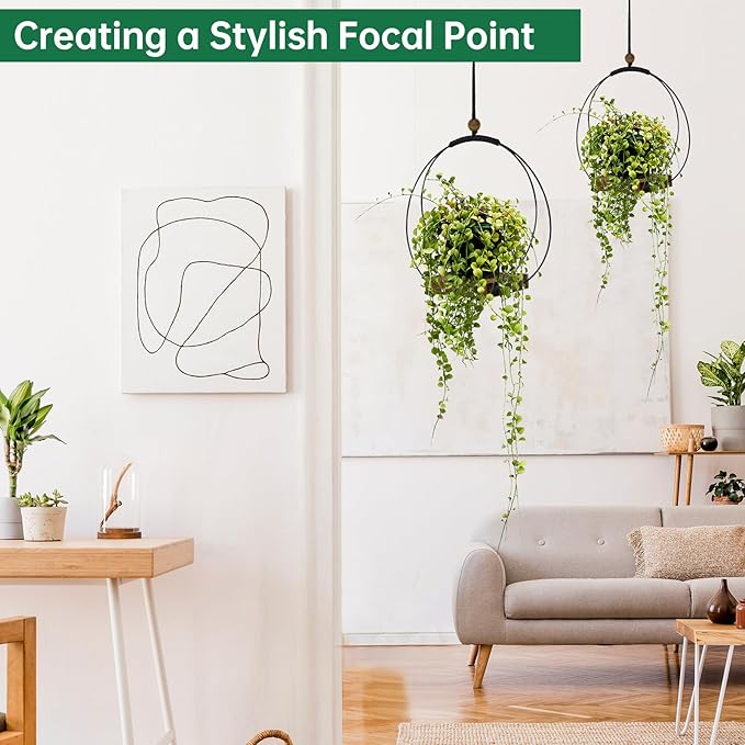 2 Pack Hanging Planters for Indoor Plants, Black Plant Hanger with Sturdy Wood Base, Modern Boho Macrame Hanger, Wall Ceiling Window Planters (Plants/Pots Not Included)