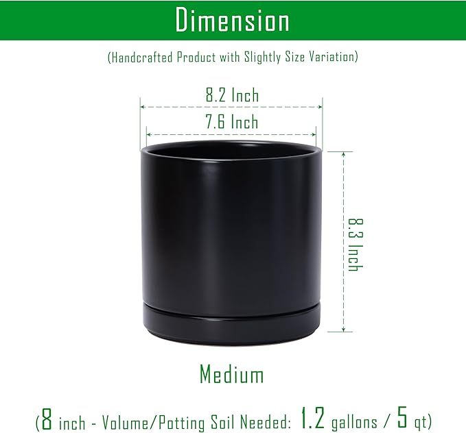 D'vine Dev Set of 2 Plants Pots, 8 Inch Ceramic Planter Pot for Plants with Drainage Hole and Saucer, Black, 94-V-D-2