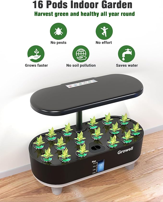 Hydroponics Growing System Kit, 16 Pods Indoor Garden with 28W Full Spectrum LED Grow Light, Auto Timer, 3 Smart Light Modes, 8L Large Herb Garden, Ideal Gardening Gift for Women, Men (Black)