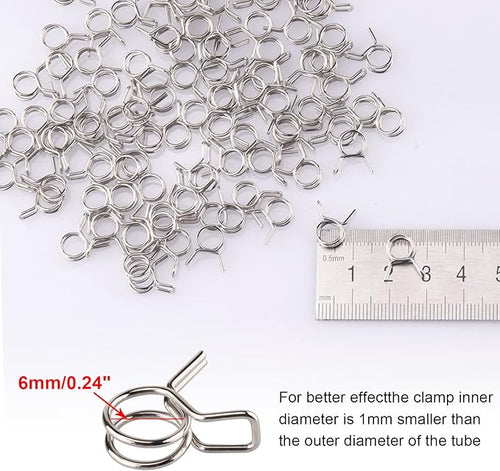 1/4" Irrigation Hose Clamps, 100 Double Line Hose Pipe Spring Clamps, Drip Irrigation Kit Connector Leak Solution