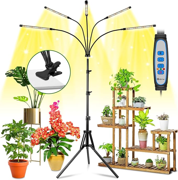 wolezek Grow Lights for Indoor Plants Full Spectrum, LED Grow Light with Adjustable Stand and Sturdy Clip, 5-Heads Plant Grow Lights Indoor with Auto 6/12/16H Timer, 3 Light Modes, 5 Levels Dimmable