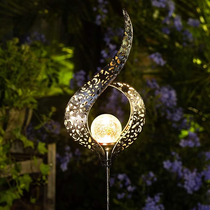HOMEIMPRO Outdoor Garden Solar Lights Stake，Crackle Glass Globe,Metal Flower Waterproof LED Fairy Lights for Pathway,Lawn,Patio or Courtyard,Gardening Gift (Bronze)