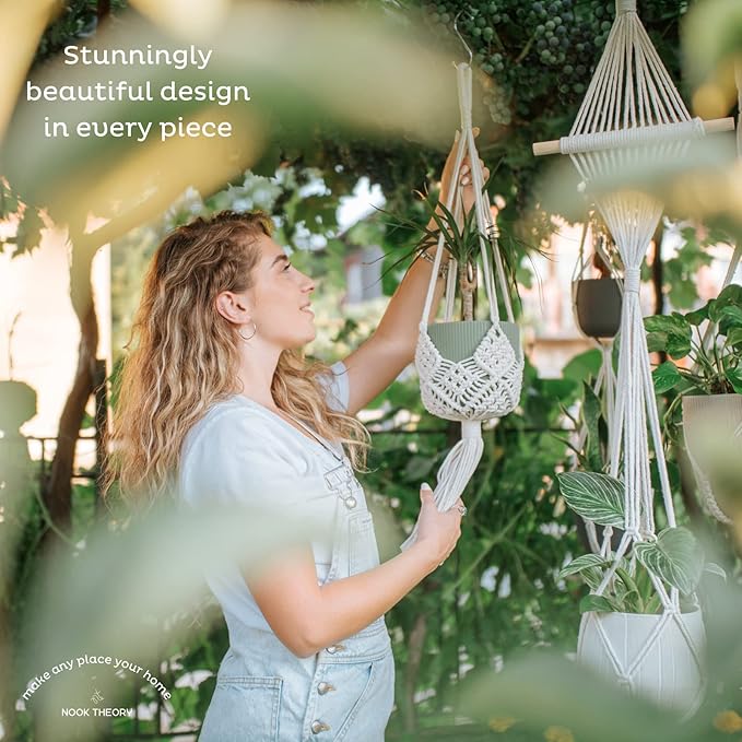 Nook Theory 4-Pack Macrame Plant Hanger - with 8 Ceiling Hooks - Hanging Planter Indoor Outdoor - Hanging Plant Holder - Decorative Bohemian Plant Hangers - Hanging Plants (Black)