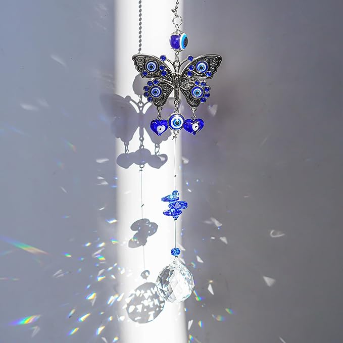 Turkish Blue Evil Eye Butterfly Wall Hanging with Crystal Suncatcher Ornament for Home Decor Protection Good Luck Blessing Housewarming Birthday Gift