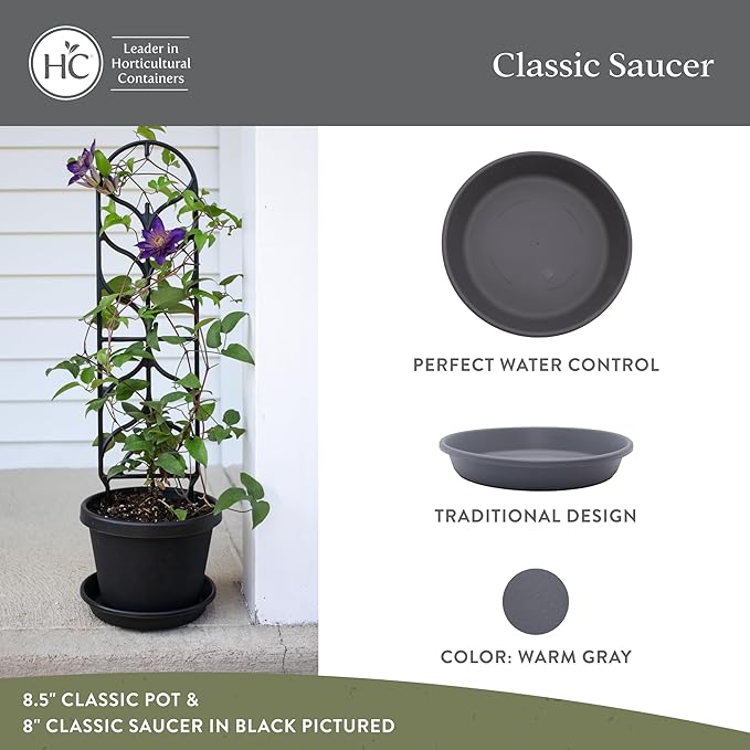 The HC Companies 6 Inch Round Plastic Classic Plant Saucer - Indoor Outdoor Plant Trays for Pots - 6.75"x6.75"x1.13" Warm Gray