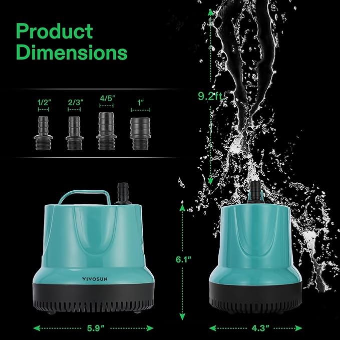 VIVOSUN 850GPH 60W Submersible Pump for Fish Tank, Pond, Aquarium, Hydroponic Systems with 5ft Power Cord and 4 Nozzles Blue