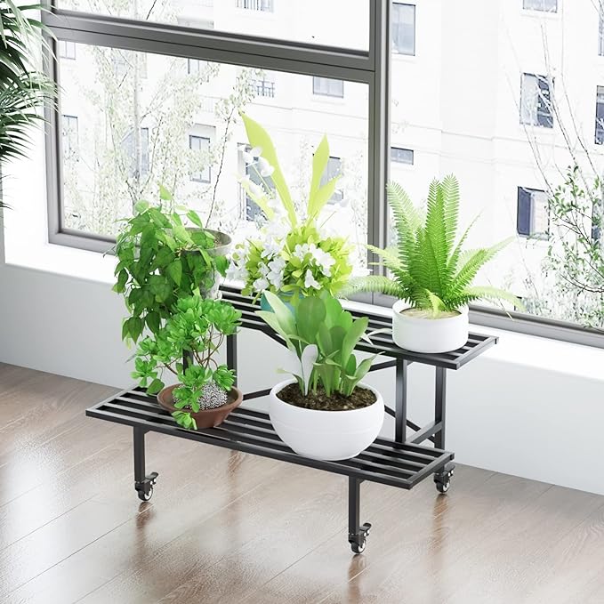 Zhongma 2 Tier Sturdy Metal Plant Stand with Wheels Heavy Duty Plant Holder for Home Indoor and Outdoor,L45.67 x W17.5 x H16.14 inch,440 LBS Capacity & Heavy Duty Construction