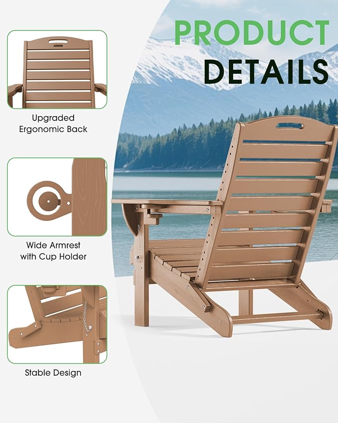 Adirondack Chairs Set of 2, Outdoor Fire Pit Chairs, HDPE All-Weather Adirondack Chairs with Cup Holder, Lawn Chair for Deck, Patio, Garden (Teak)