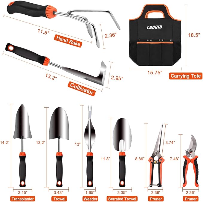 Garden Tool Set, 9 Piece Stainless Steel Heavy Duty Gardening Tool Set, with Non-Slip Rubber Grip, Storage Pocket, Ideal Gardening Gifts for Men