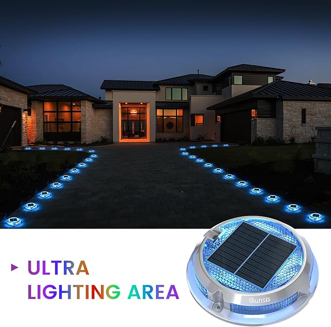 Quntis RGB Solar Deck Lights 4 Pack, 11 Lighting Modes Solar Driveway Lights Outdoor Waterproof IP68, Step and Deck Light for Outside Stair Pathway Walkway
