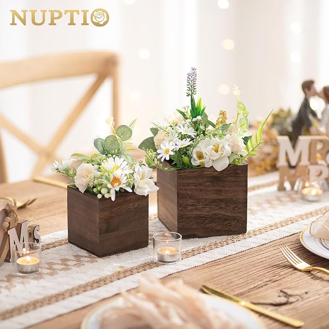 NUPTIO Wooden Box for Centerpiece Wedding: 6 Pcs Rustic Square Planter Box for Christmas Centerpiece Table Fall Decorations - 4×4" & 5×5" Small Wood Vases Flower Pots for Windowsill Home Garden Decor