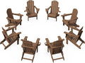 KINGYES Folding Adirondack Chair Set of 8, Dual Cup Holders & All-Weather HDPE, Wood-Like Patio Chair for Backyard, Camping, Pool & Fire Pit, Brown