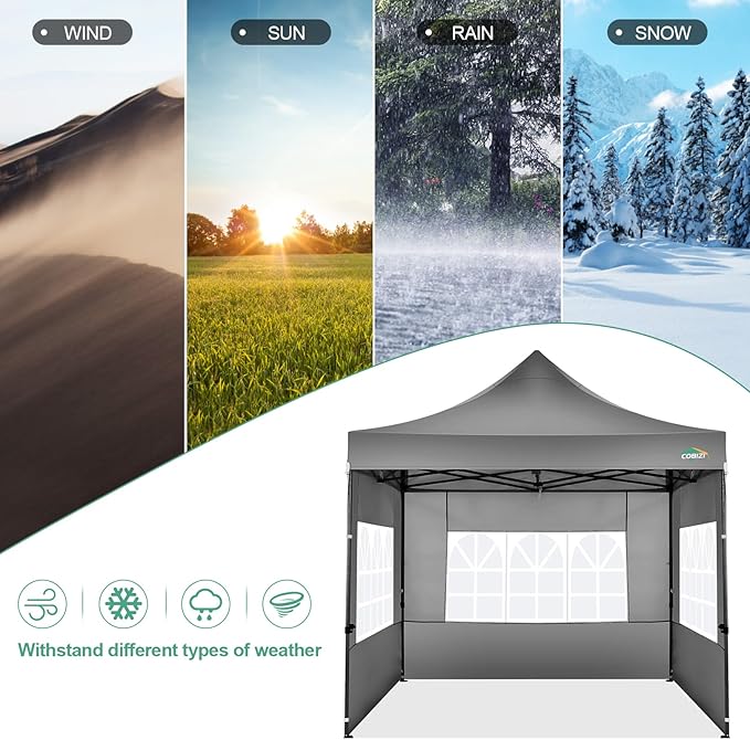 COBIZI 10x10 Pop Up Canopy Tent with 4 sidewalls Commercial Heavy Duty Canopy UPF 50+ All Weather Waterproof Outdoor Canopy Wedding Tents for Parties Gazebo with Roller Bag, Grey (Windproof Upgraded)