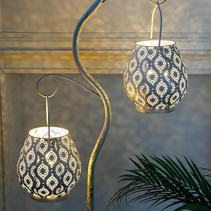 TRIROCKS Set of 2 Moroccan Decorative Lamps 8'' High Battery Powered Cordless Lamp Metal Table Lamps with Fairy Lights Bulb for Home Living Room Garden Yard Party Events Tabletop Indoor Outdoor(White)