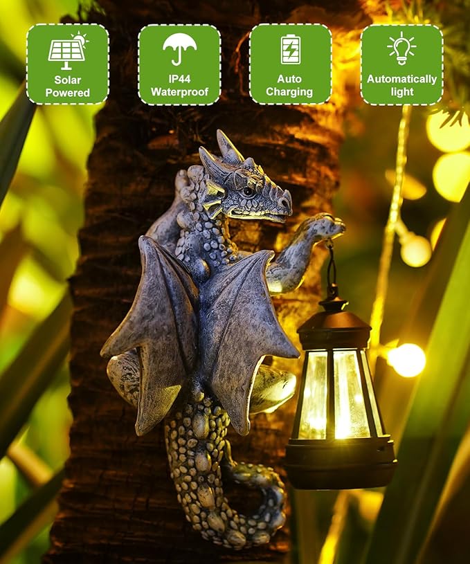 Solar Garden Decor Dragon Tree Hugger - 9.3 Inch Garden Statues Lawn Ornaments for Outside Balcony Yard Whimsical Art Outdoor,Mothers Day Gifts for Mom Grandma Women