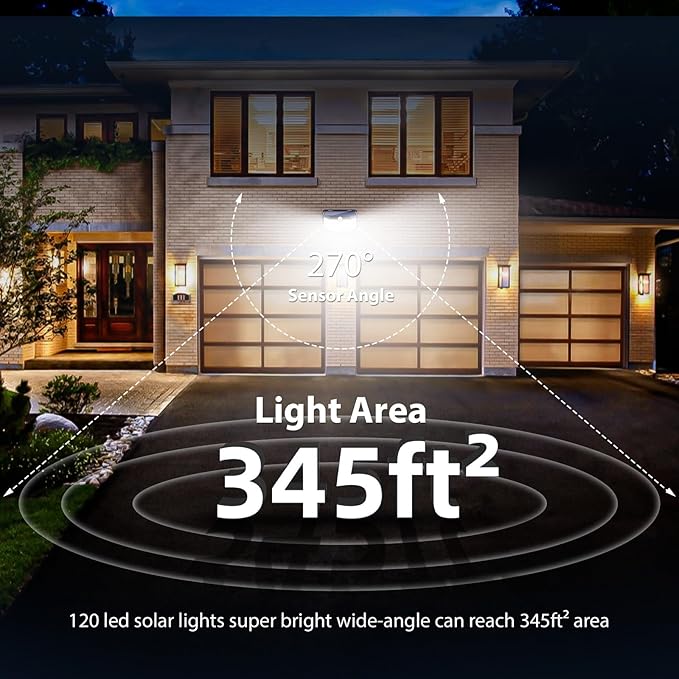 HMCITY Solar Lights Outdoor 120 LED with Reflector and 3 Lighting Modes,Motion Sensor Wall Lights, IP65 Waterproof Solar Powered Wall Lights for Garden Deck Lights (Back Button 4Packs, Daylight White)