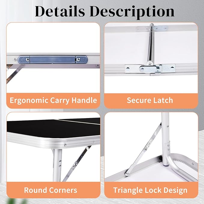 Outvita 6ft Portable Folding Camping Table, Outdoor Waterproof Adjustable Height Table, Aluminum Lightweight Suitcase Foldable Table for Picnic BBQ Beach Dining
