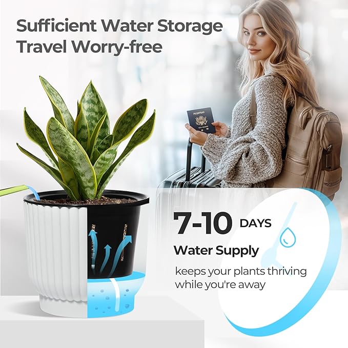 T4U 6 Inch Self Watering Pots for Indoor Plants, 6 Pack White Plastic Flower Pots for All House Plants, Flowers, African Violets