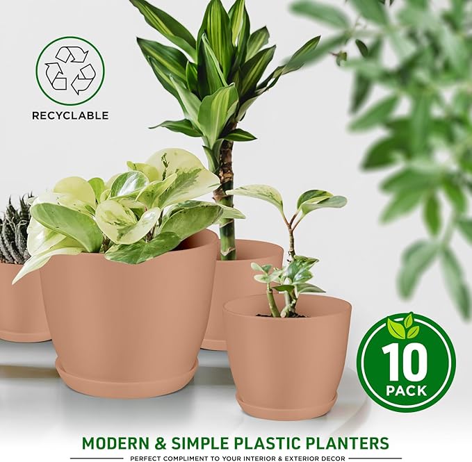 Planter Pots with Drainage Holes - Lightweight, Durable, and Space-Saving Pots for Indoor and Outdoor - Versatile Functionality, Simple Modern Design, Set of 10 Plastic Planter Pots - Pink