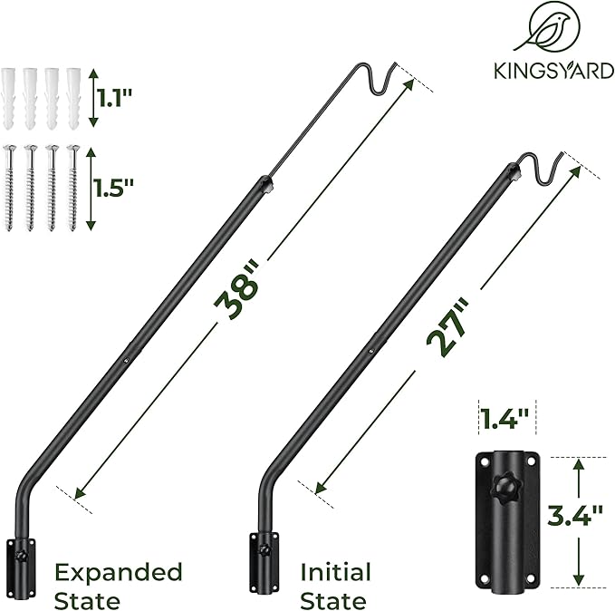 Kingsyard Heavy Duty Wall Mounted Deck Hook, 27"-39" Adjustable Metal Plant Wall Hanger for Hanging Bird Feeders, Planters, Lanterns, Wind Chimes, Wall Mounted
