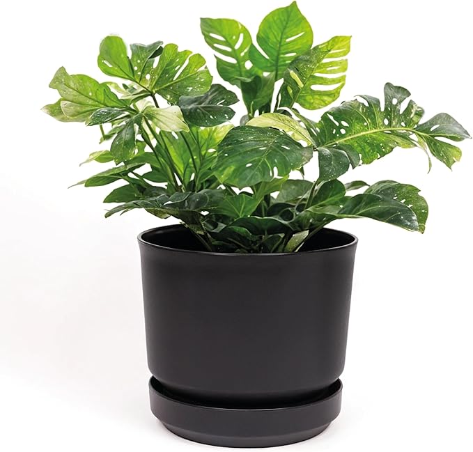 Elly Décor 12 inch Plastic Cylinder Planter Pot with Self-Watering Saucer and Drainage Hole,Lightweight & Extremely Durable, 12"x 12", Black