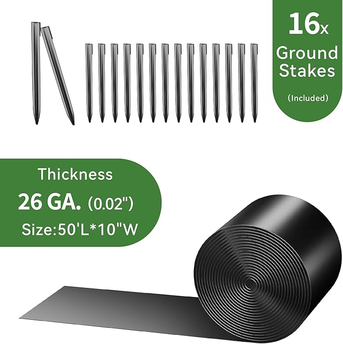 Worth Galvanized Steel Landscape Edging 10" x50' Metal Garden Edging Roll Flexible Bender Border with 16Pcs Stakes for Lawn, Flower Bed Edges, Black