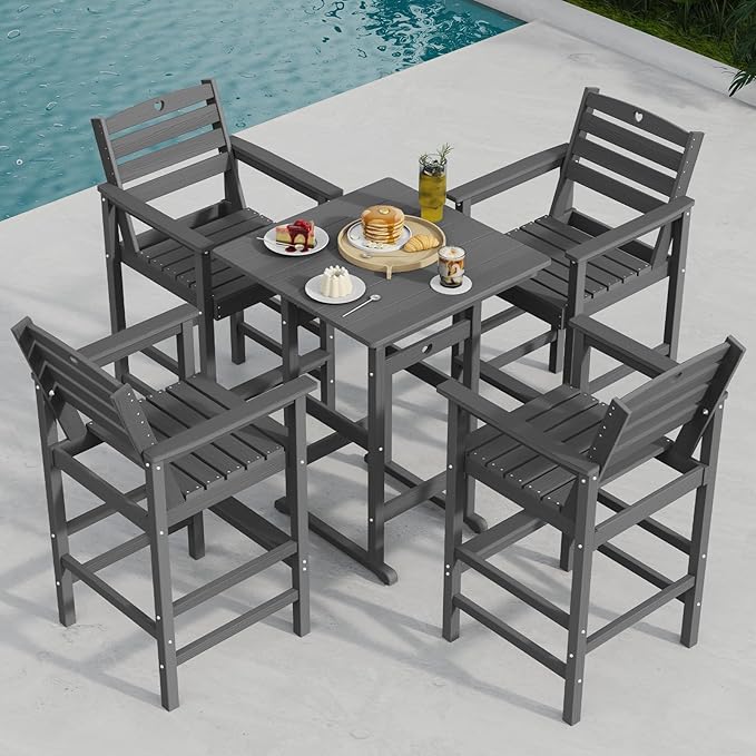Tall Adirondack Chairs Set of 4, HDPE Wood Balcony Adirondack Chairs Set with Heart Cutout Design, Weather-Resistant Bar Height Furniture for Deck, Porch, Pool (Grey)