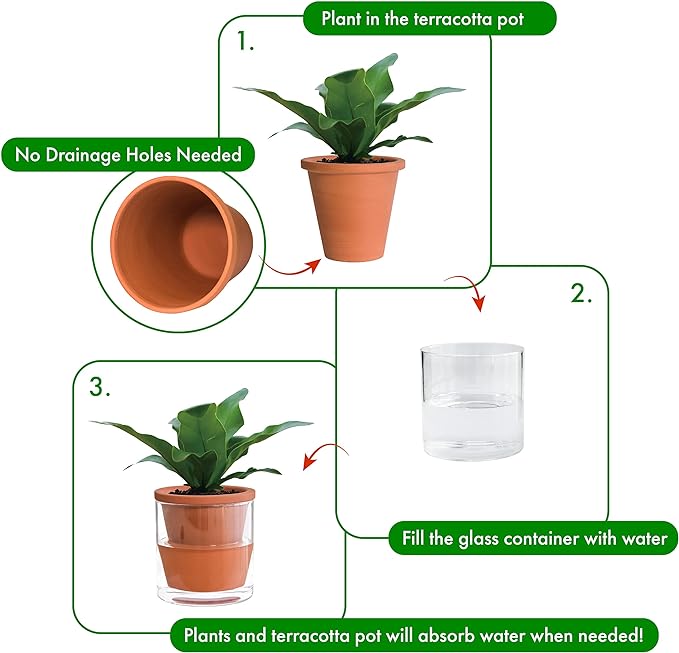D'vine Dev 4 Inch Design Self Watering Pot for Indoor Plants, Terracotta Planter with Cylinder Glass Cup, Set of 1, 37-X-A-1