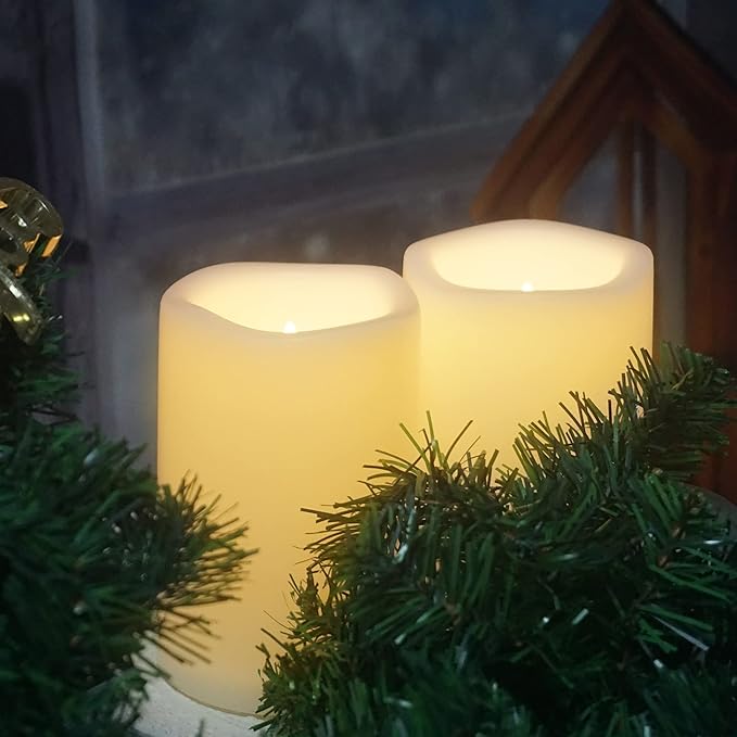 CANDLE CHOICE Waterproof Outdoor Battery Operated Flameless Candles with Timer Large Plastic Resin Bright Flickering Electric LED Pillars Lantern Garden Wedding Christmas Decorations 4”(D)x6”(H) 2 PCS