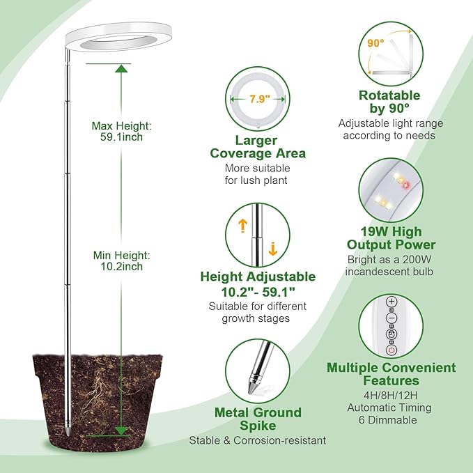 LORDEM Grow Light for Indoor Plants, 7.9" Full Spectrum LED Plant Grow Light, Height Adjustable Growing Lamp with Auto Timer 4H/8H/12H, 6 Dimmable Levels, Ideal for Indoor Large Tall Plants Growth