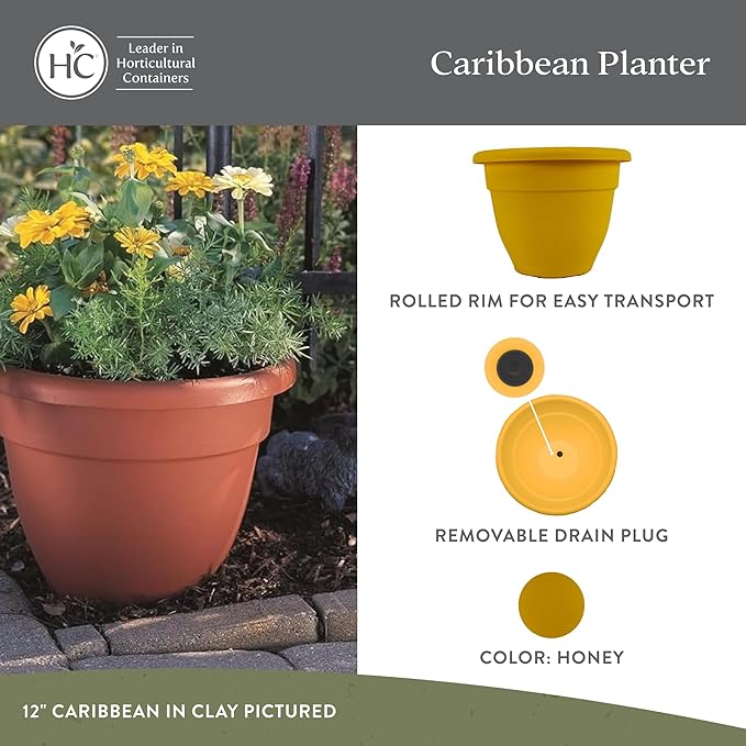 The HC Companies Caribbean Planter Pot - Outdoor & Indoor Plant Pot with Drainage Hole & Plug - Rolled Rim Plastic Pots for Plants & Flowers - Decorative Plant Pot (14" Honey, Pack of 2)