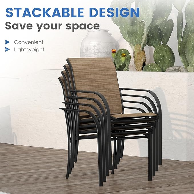 VICLLAX Patio Dining Set for 8, 9 Pieces Outdoor Furniture Set Includes 56.3" Round Patio Table and 8 Patio Stackable Chairs, Outdoor Table and Chairs for Outsides, Walnut Tabletop and Brown Fabric