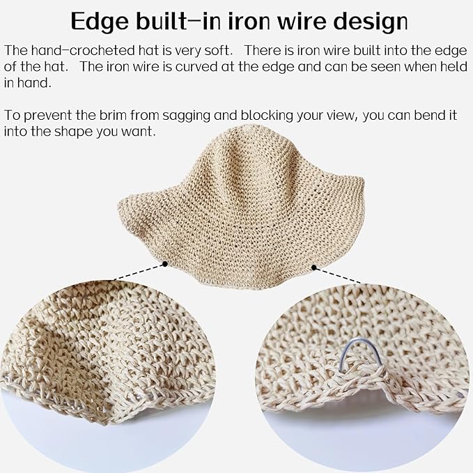 Womens Straw Beach Sun Hats, Foldable Packable Floppy Handmade Crochet Hats for Women,Large Summer Vacation Wide Brim Hat