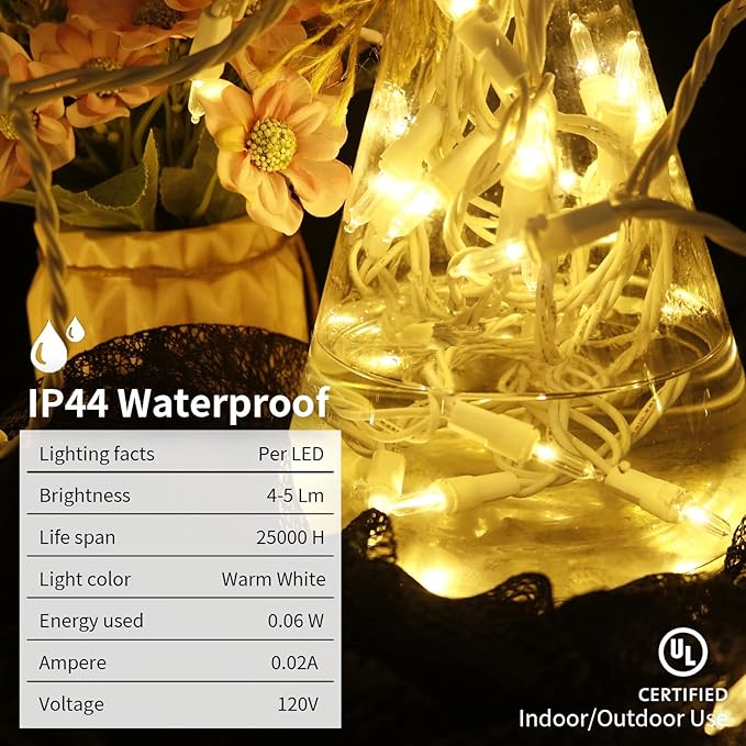 MULTI-SPARKING White LED Christmas Lights - 100 Count Warm White Christmas String Lights for Tree, Party, Wedding, Holiday, Indoor and Outdoor Decor, 33 Feet White Wire, UL Certified, Connectable