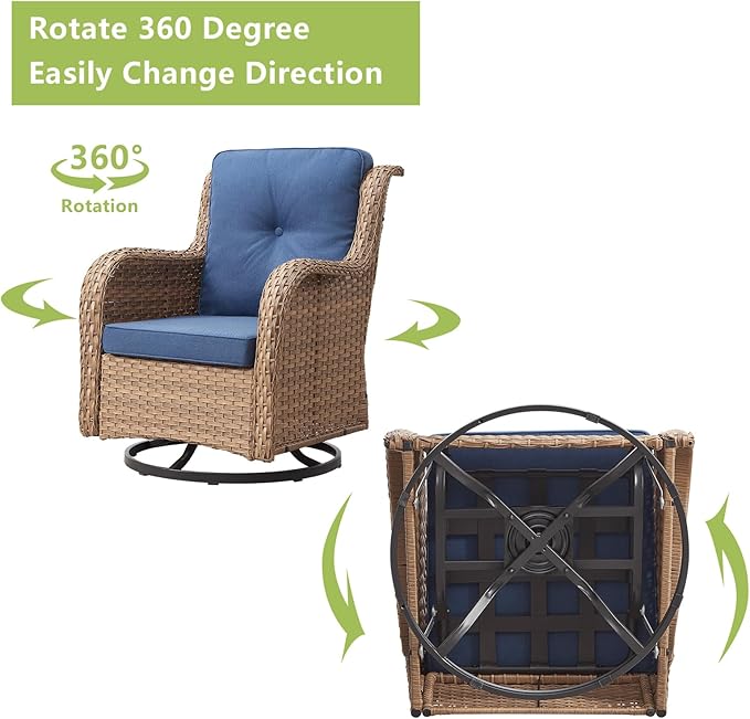 Outdoor Wicker Patio Furniture Set - 5 Piece Rattan Patio Conversation Set with 2 Rocking Swivel Chairs,2 Ottomans and 1 Loveseat for Porch Deck Backyard Garden(Yellow/Blue)