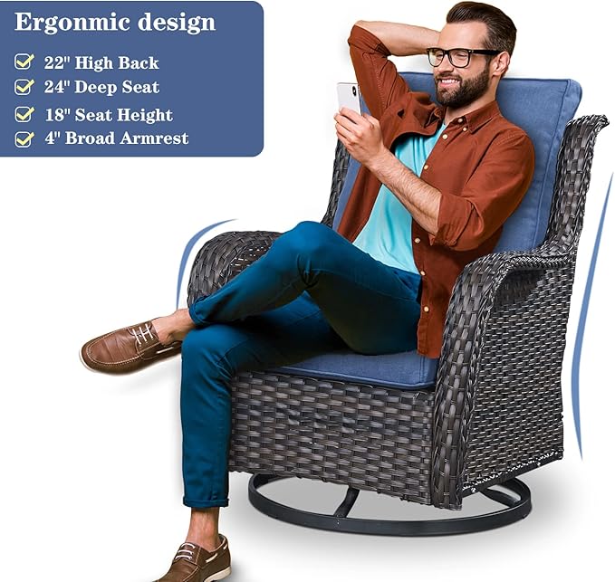 Wicker Patio Furniture Sets - 13 Piece Outdoor Rattan Furniture Conversation Sets with 4 Swivel Rocker Chairs, 2 Rattan Sofas, Wicker Ottomans and Coffee Table, Brown/Blue