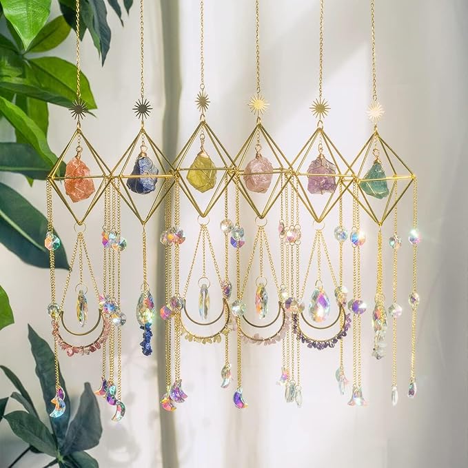 Crystal Suncatchers for Windows, Green Fluorite Gemstone Sun Catcher Hanging, Spiritual, Rainbow Maker, Crystal Boho Decor Indoor Outdoor, Natural Stone (Green Fluorite)