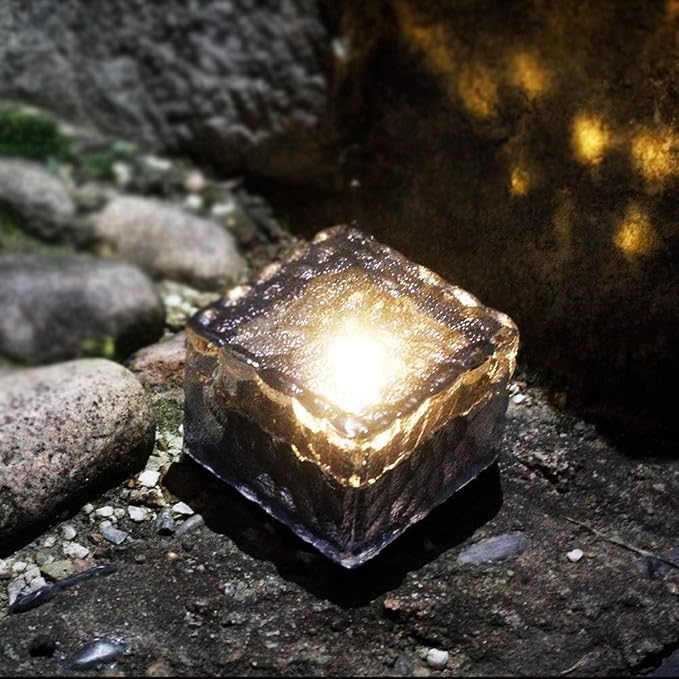 Solar Glass Brick Light - Solar Ice Cube LED Light - Crystal Brick Stone Lamp Garden Courtyard Pathway Patio Pool, Decorative Christmas Festives Ice Rock Cube Lights (4PCS Warm White)