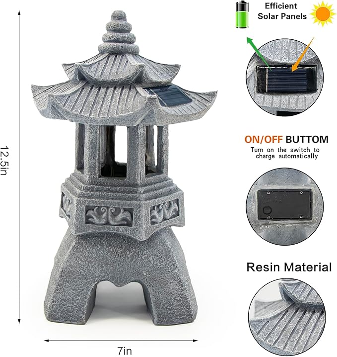 DIBIEECN 2 Pack Japanese Pagoda Garden Statues, Solar Lights for Patio Outdoor, Zen Landscape Lighting, Asian Outdoor Decor for Patio Yard Backyard, Gifts for Women Mom Grandmon